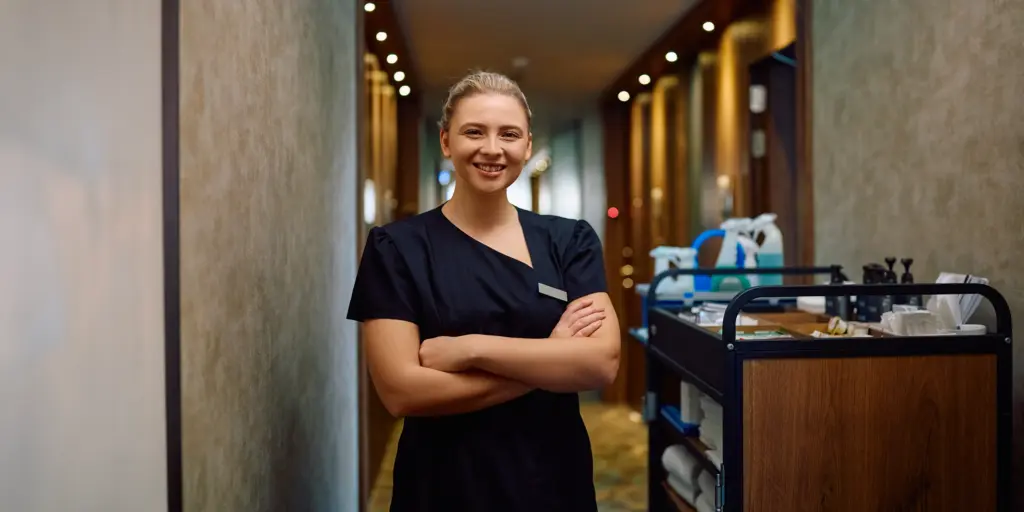 Hotelangestellte lächelnd im Flur, mit Reinigungswagen, professionell und freundlich.