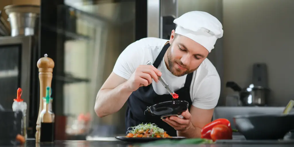 Ein Koch verfeinert ein Gericht mit Präzision in einer modernen Küche, umgeben von frischen Zutaten.